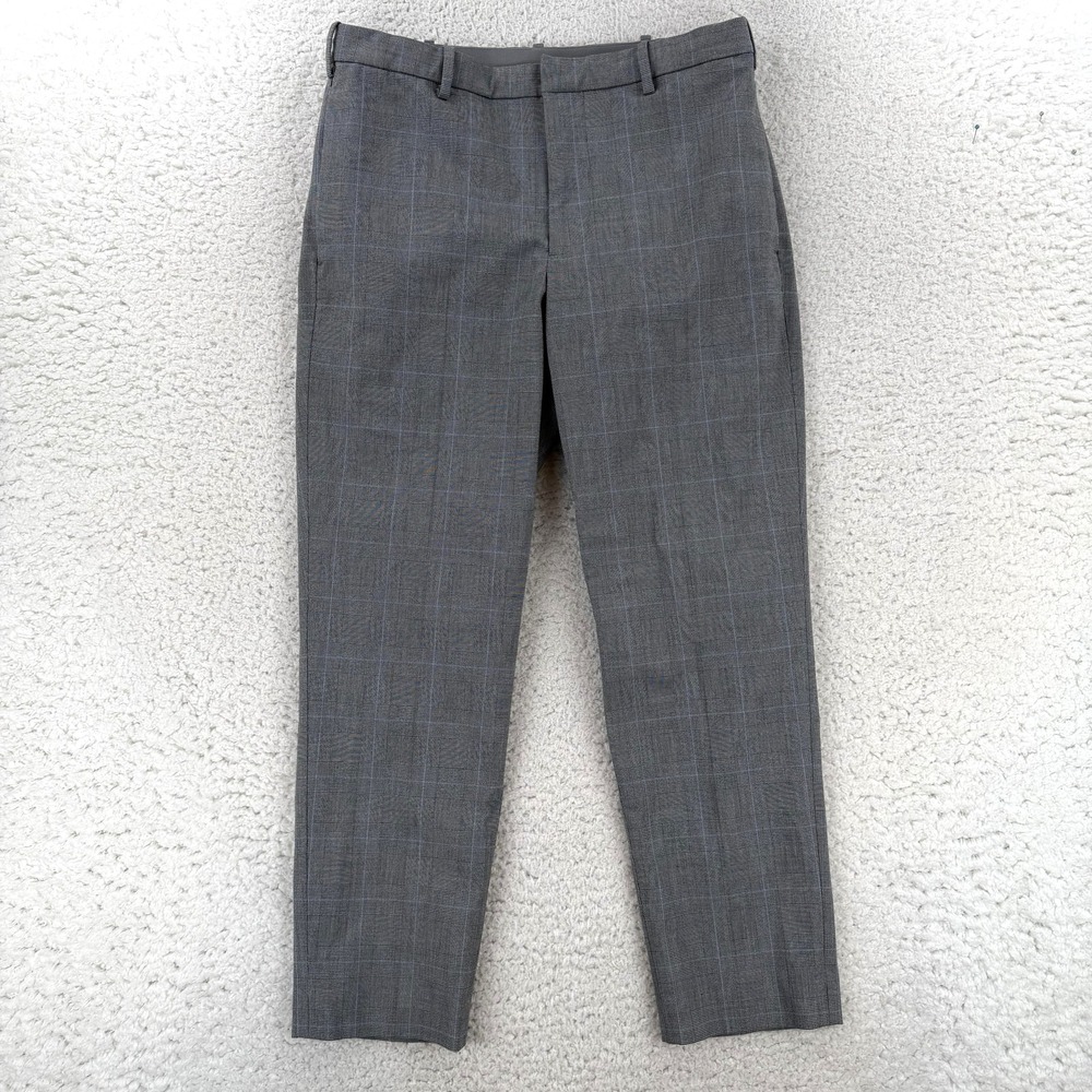 Uniqlo Dress Pants Mens Medium 32x27 Gray Slim Fit Plaid Stretch Drawstring
